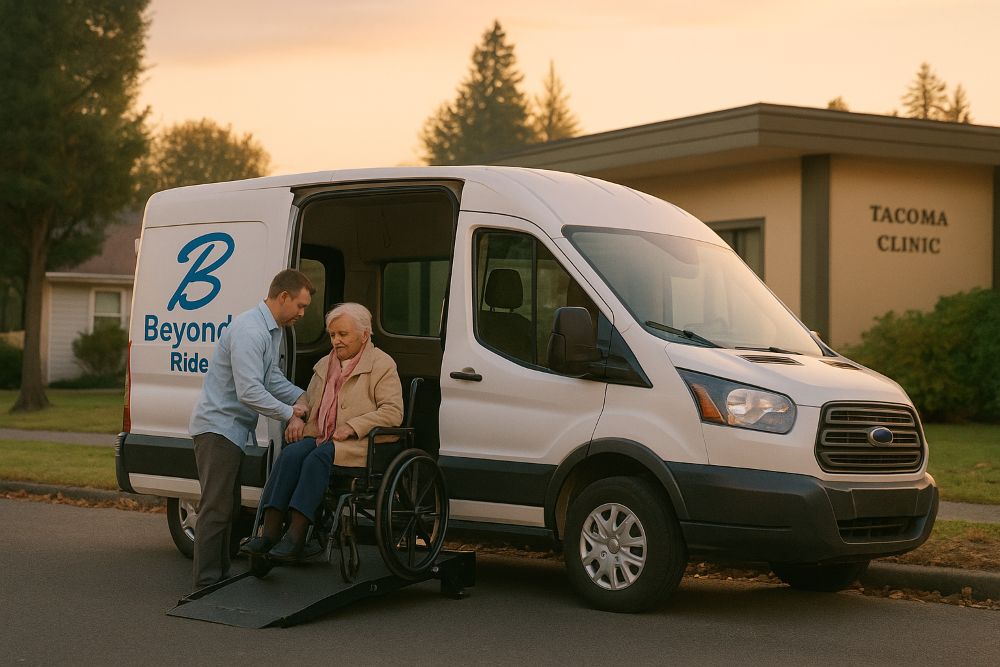 A compassionate scene in Tacoma showing a wheelchair-accessible van parked near a medical clinic - NEMT Tacoma