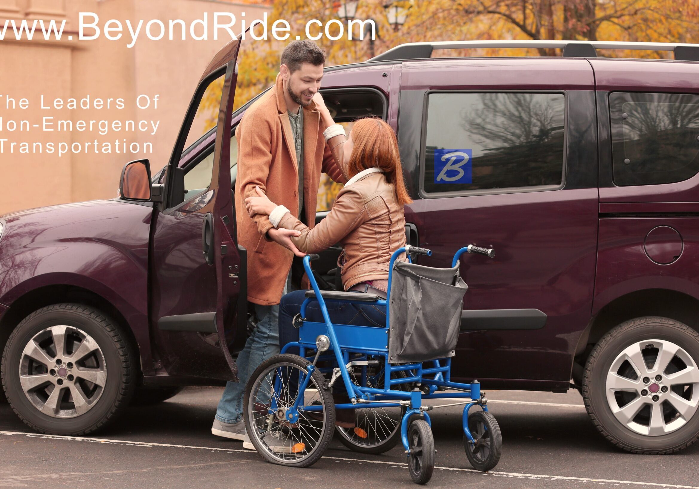 Handsome man and woman in wheelchair near car