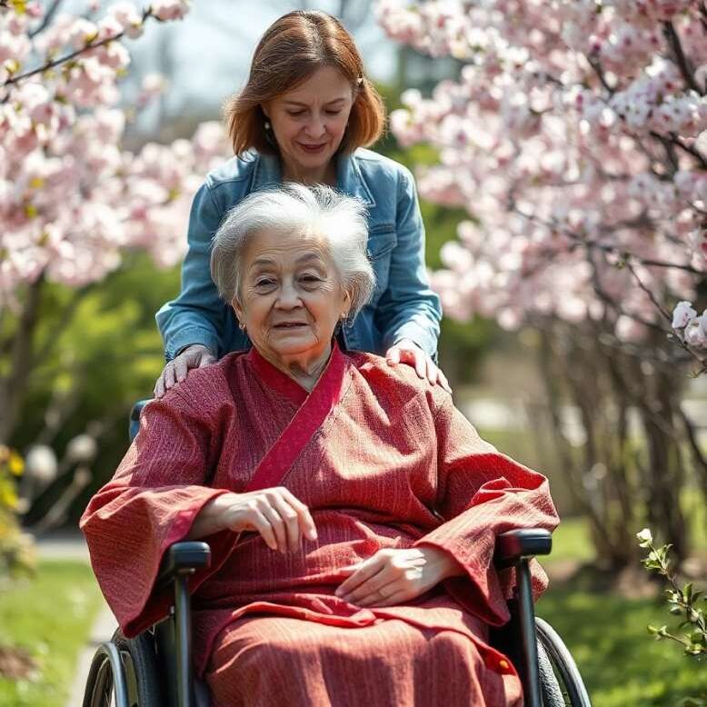 an oldwoman on wheelchair and visiting assisted liviging facilities in tacoma with her daughter