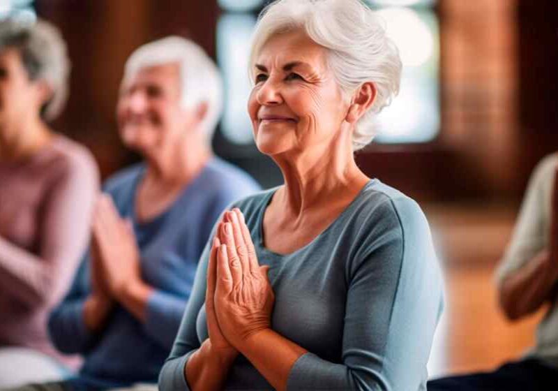 old woman doing yoga in assisted living facility Gig Harbor