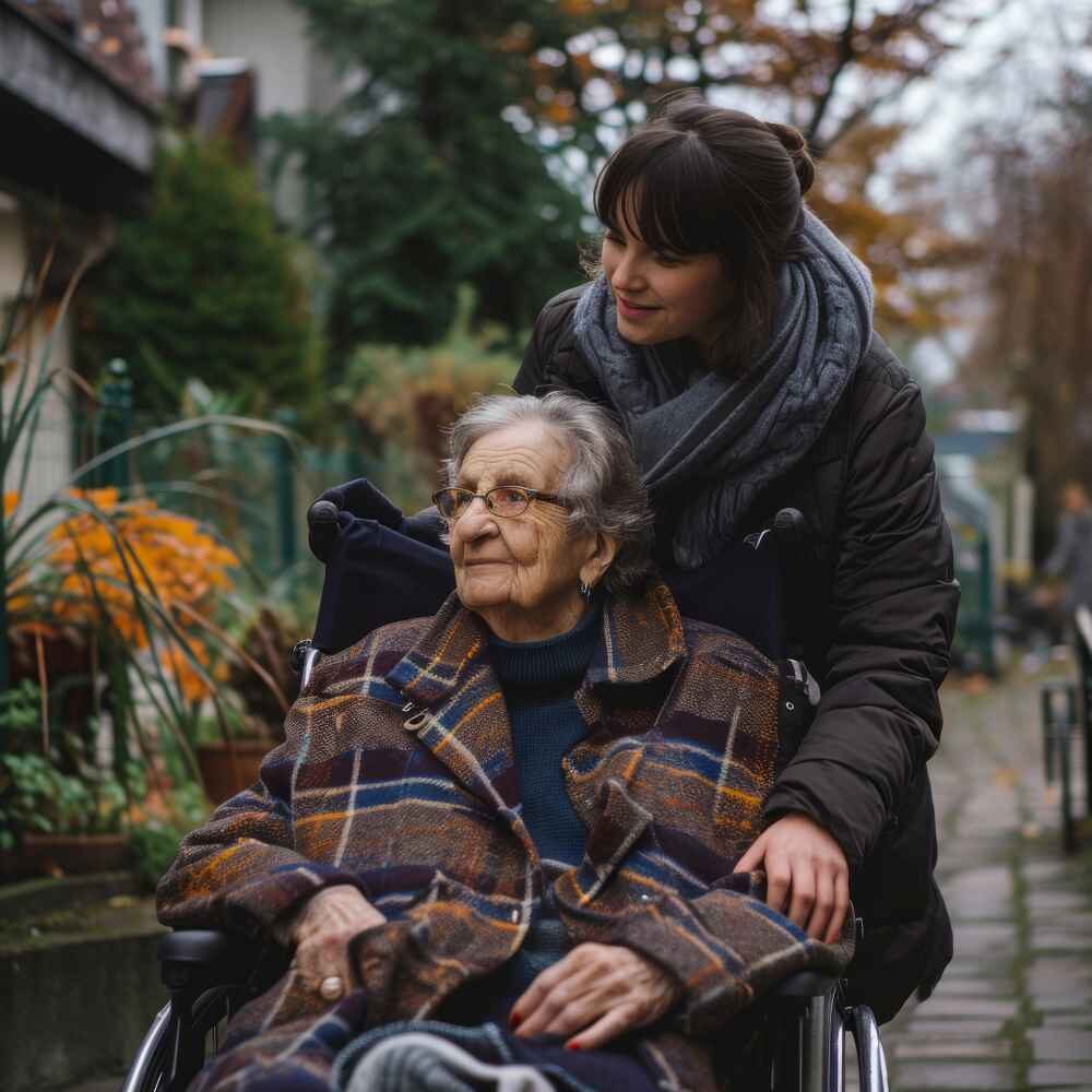 old woman on wheelchair and Beyond Ride team taking her for walk